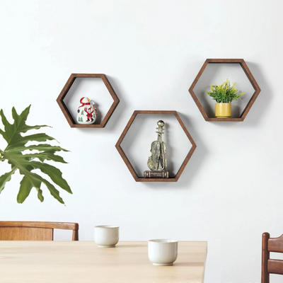 Set of 3 Wood Hexagon Shelves for Wall Decor - Farmhouse Honeycomb Shelves for Living Room Decor, Kitchen Storage