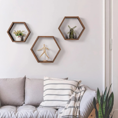 Set of 3 Wood Hexagon Shelves for Wall Decor - Farmhouse Honeycomb Shelves for Living Room Decor, Kitchen Storage
