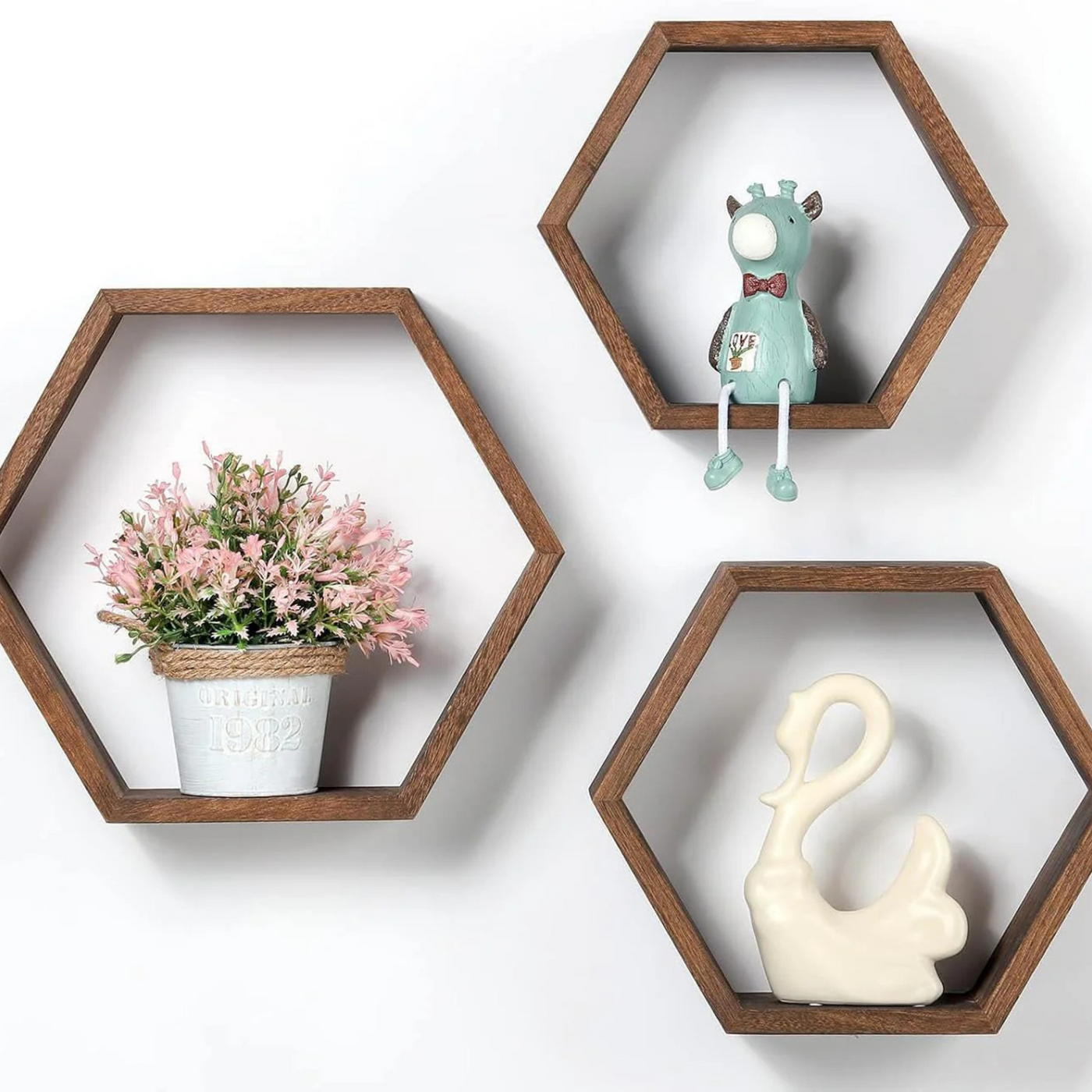 Set of 3 Wood Hexagon Shelves for Wall Decor - Farmhouse Honeycomb Shelves for Living Room Decor, Kitchen Storage