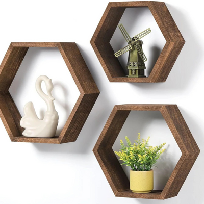 Set of 3 Wood Hexagon Shelves for Wall Decor - Farmhouse Honeycomb Shelves for Living Room Decor, Kitchen Storage